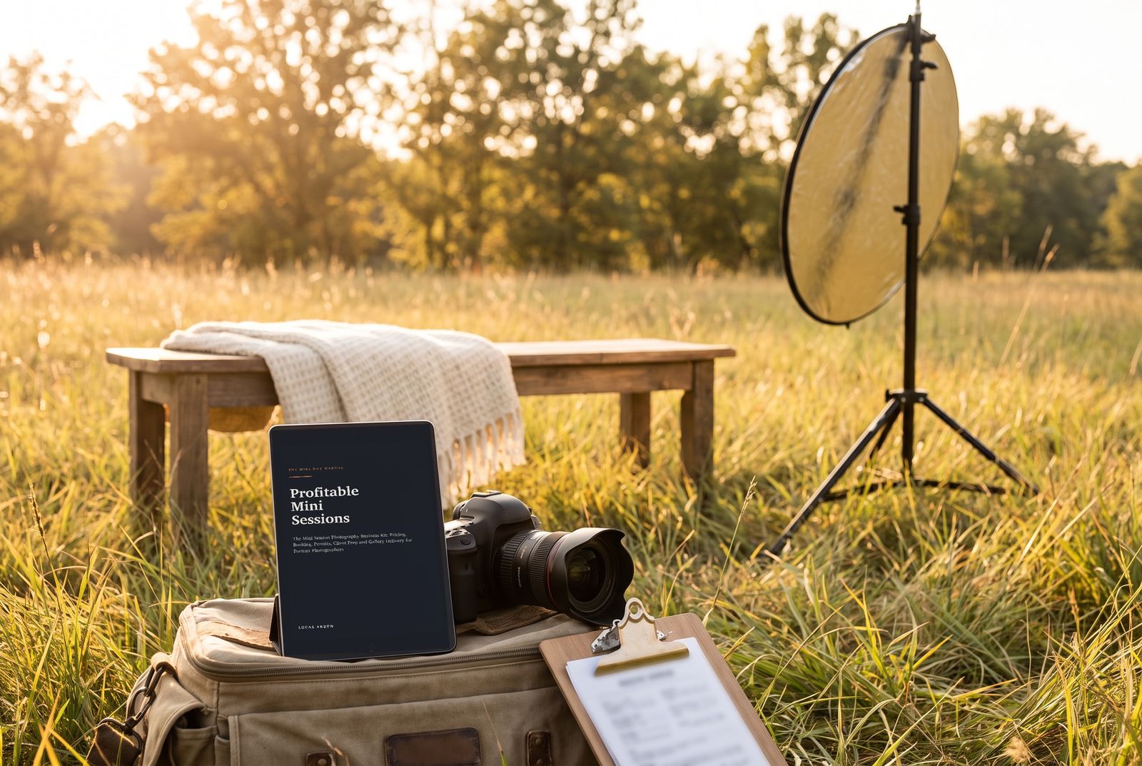 A tablet showing the cover of Profitable Mini Sessions, propped on a camera bag in a field at golden hour, with a bench, a blanket and a reflector set up for a mini session behind it.