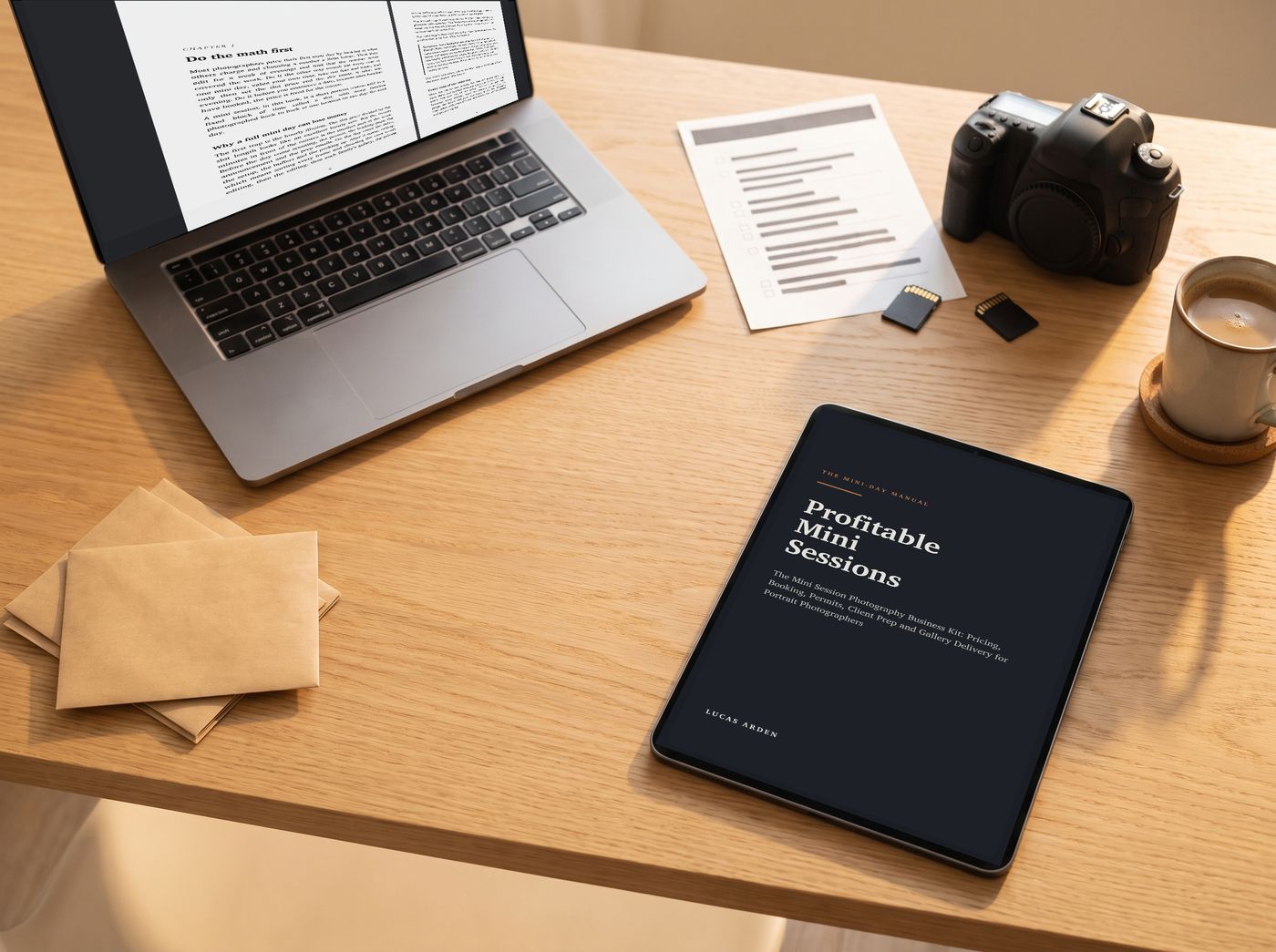 The kit on a desk: Chapter 1 of the guide on a laptop, the cover on a tablet, a camera, memory cards, a printed checklist and print envelopes.