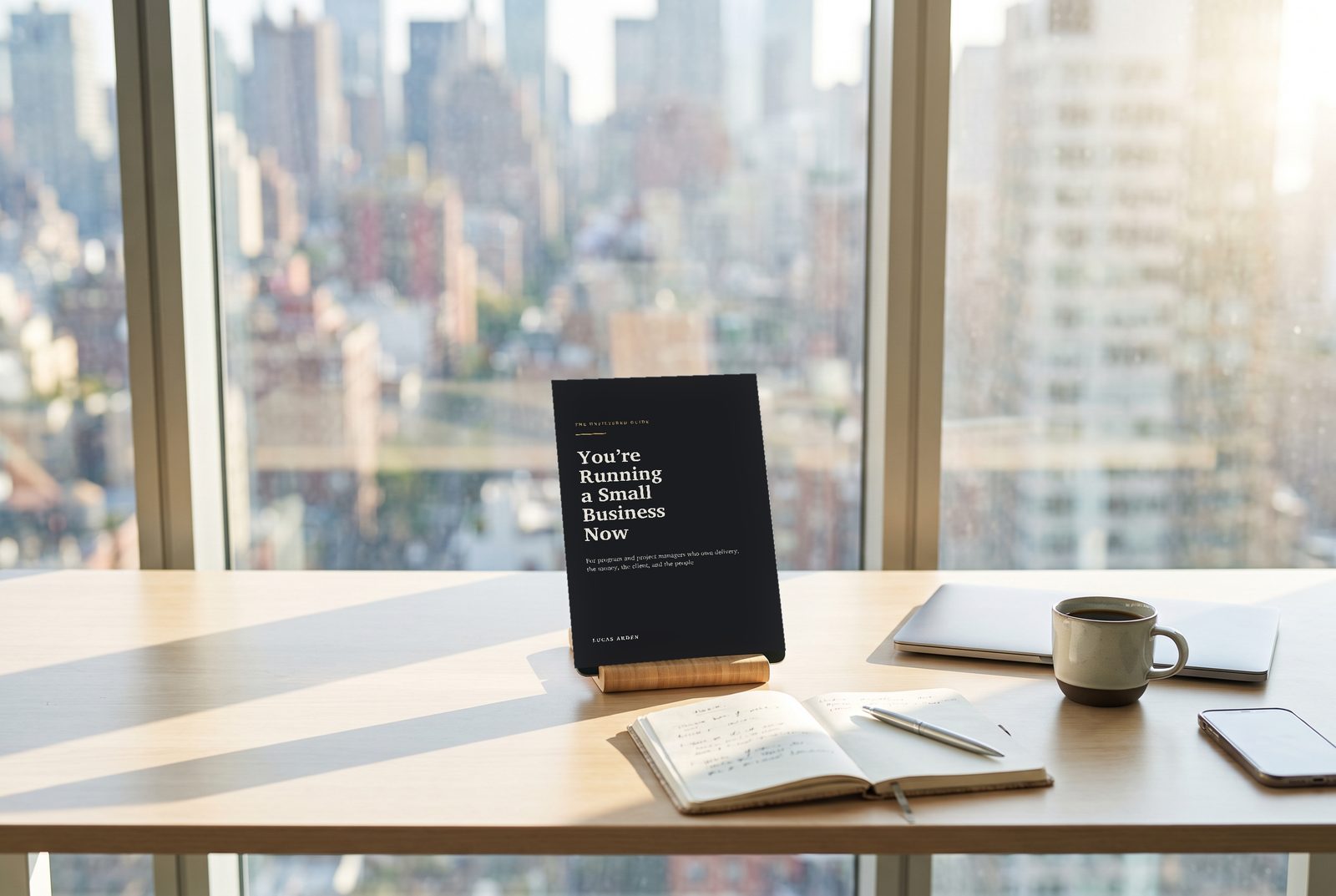 The cover of You're Running a Small Business Now on a tablet stand by a bright office window.
