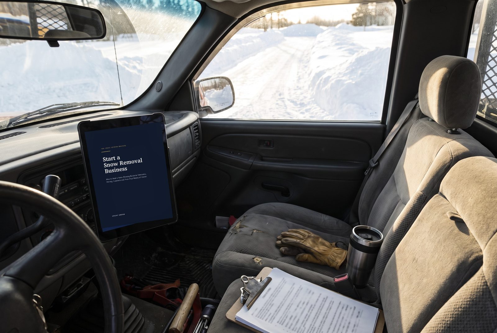 A tablet showing the cover of Start a Snow Removal Business on a work truck's dashboard, with a plowed driveway outside.