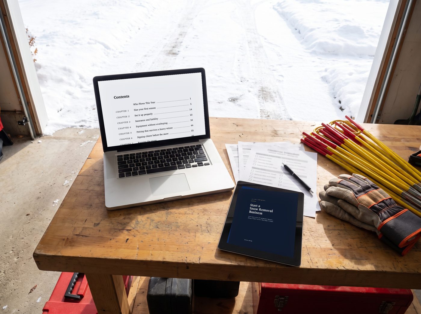 The kit on a garage workbench: the guide's contents on a laptop, the cover on a tablet, printed checklists, work gloves and plow marker stakes.